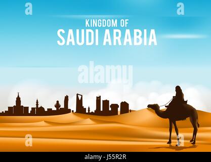 Vector Arab Man Riding in Camel in Wide Desert Sands in Middle East Going to City in Kingdom of Saudi Arabia. Editable Vector Illustration Stock Vector