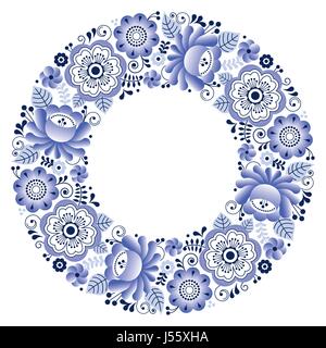 Russian ceramics Gzhel round folk art pattern - floral plate design Stock Vector