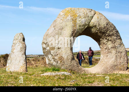 The ancient Men an Tol stone near Morvah, Cornwall, UK is thought to date from Bronze age or neolithic times. Stock Photo
