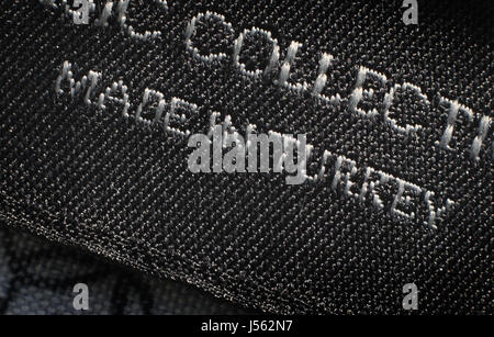 A 'Made in Turkey' label on a jumper in Kempten, Germany, 15 May 2017. Photo: Karl-Josef Hildenbrand/dpa Stock Photo