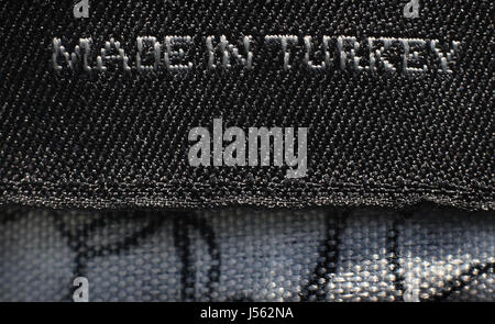 A 'Made in Turkey' label on a jumper in Kempten, Germany, 15 May 2017. Photo: Karl-Josef Hildenbrand/dpa Stock Photo