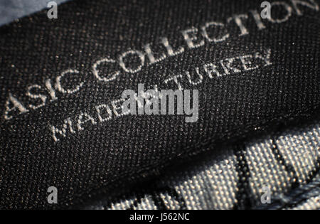 A 'Made in Turkey' label on a jumper in Kempten, Germany, 15 May 2017. Photo: Karl-Josef Hildenbrand/dpa Stock Photo