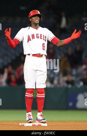 Los Angeles, USA. 16th May, 2017. Los Angeles Angels left fielder Cameron Maybin #9 celebrates his double in the 11th inning and his fifth hit of the night in the game between the Chicago White Sox and Los Angeles Angels of Anaheim, Angel Stadium in Anaheim, CA, Credit: Cal Sport Media/Alamy Live News Stock Photo