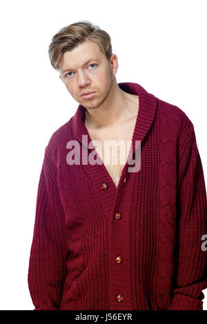 image of a young man dressed in a maroon sweater Stock Photo