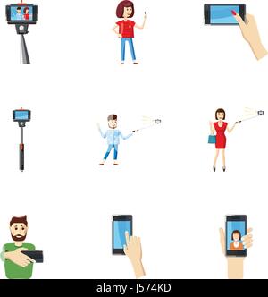 Shooting on cell phone icons set, cartoon style Stock Vector