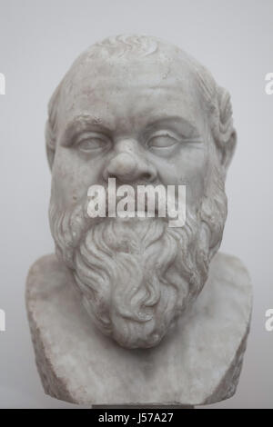 Marble bust of ancient Greek philosopher Socrates (469-399 BC). Roman copy from the middle of the 1st century AD after a Greek original from circa 380 BC (Type A) from the Farnese Collection on display in the National Archaeological Museum in Naples, Campania, Italy. Stock Photo