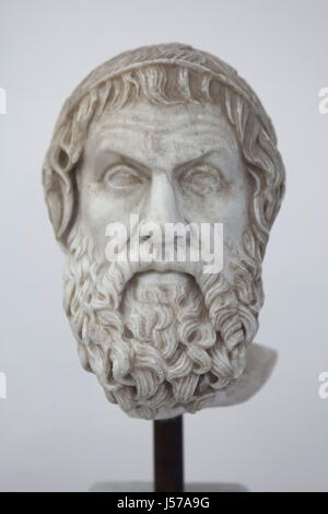 Marble bust of ancient Greek tragedian Sophocles (497-406 BC). Roman copy from the 1st century AD after a Greek original from the 4th century BC (Farnese type) from the Farnese Collection on display in the National Archaeological Museum in Naples, Campania, Italy. Stock Photo