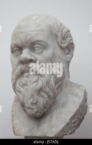 Marble bust of ancient Greek philosopher Socrates (469-399 BC). Roman copy from the middle of the 1st century AD after a Greek original from circa 380 BC (Type A) from the Farnese Collection on display in the National Archaeological Museum in Naples, Campania, Italy. Stock Photo