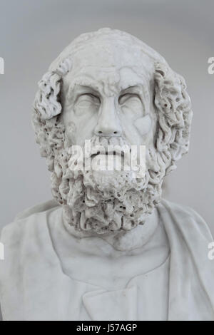 Marble bust of ancient Greek poet Homer. Roman copy from the 2nd century AD after a Greek original from the 1st century BC (Hellenistic type) from the Farnese Collection on display in the National Archaeological Museum in Naples, Campania, Italy. Stock Photo