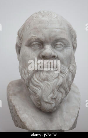 Marble bust of ancient Greek philosopher Socrates (469-399 BC). Roman copy from the middle of the 1st century AD after a Greek original from circa 380 BC (Type A) from the Farnese Collection on display in the National Archaeological Museum in Naples, Campania, Italy.