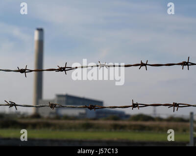 Fawley Power Station, Southampton, Hampshire, England, UK, film location for Star Wars, Red Cup, behind barbed wire Stock Photo