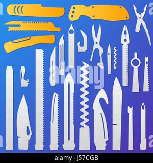 Set of multifunction knife elements, pocket knife, Swiss knife, multipurpose penknife, army knife collection Stock Vector
