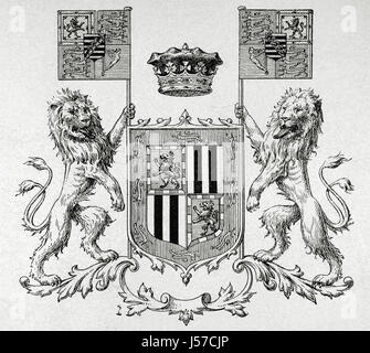 Victoria Eugenie of Battenberg (1887-1969). Queen consort of King Alfonso XIII of Spain. Coat of arms. Engraving.
