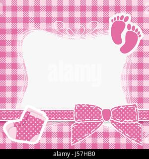 Baby pink vector card with print of steps, booties and bow. Arrival card with place for your text. Stock Vector