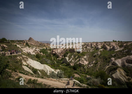 View of unique pigeon valley and the town of Uchisar, Cappadocia, Nevsehir, Anatolia, Turkey Stock Photo