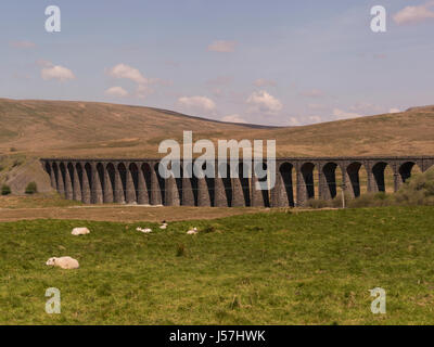 The Ribblehead Viaduct or Batty Moss Viaduct carries the Settle-Carlisle Railway across Batty Moss Yorkshire Dales National Park North Yorkshire Engla