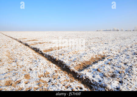 Flat fields in winter covered by thin snow layer. Poland, Swietokrzyskie. Stock Photo