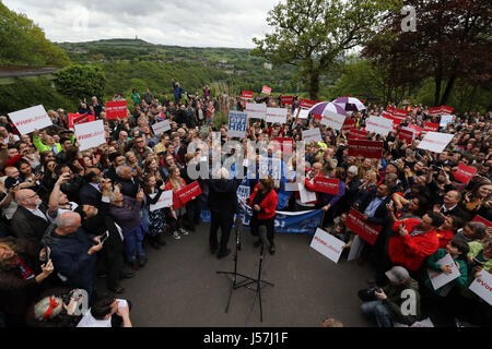 Labour leader Jeremy Corbyn is greeted by supporters before making a stump speech on a General Election campaign visit to Beaumont Park in Huddersfield. Stock Photo