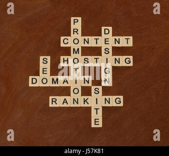 Crossword puzzle with words SEO, Content, Site, Ranking. Web Site Creation concept. Ivory tiles with capital letters on mahogany board. Stock Photo