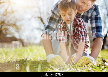 Dad and son spending free time together in garden Stock Photo