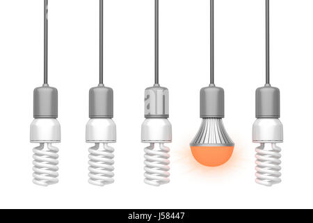 Unique glowing LED light bulb, among other light bulbs Stock Photo