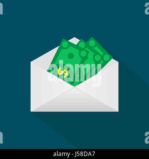 Money in the mail envelope. Cash Icon in flat style. Dollar bank Stock Vector