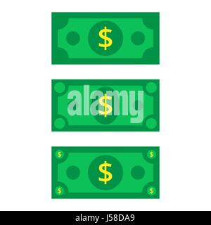 Cash Icon set in flat style. Dollar banknote green. Vector illus Stock Vector