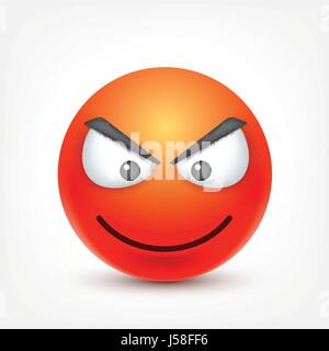 Smiley,angry emoticon. Red face with emotions. Facial expression. 3d realistic emoji. Funny cartoon character.Mood. Web icon. Vector illustration. Stock Vector