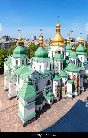 travel to Ukraine - above view of Saint Sophia (Holy Sophia, Hagia Sophia) Cathedral from bell tower in Kiev city in spring Stock Photo