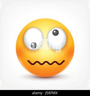 Smiley,crazy emoticon. Yellow face with emotions. Facial expression. 3d realistic emoji. Funny cartoon character.Mood. Web icon. Vector illustration. Stock Vector