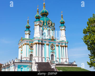 travel to Ukraine - view of Saint Andrew's Church in Kiev city and blue sky Stock Photo
