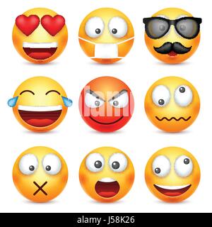 Smiley,emoticon set. Yellow face with emotions. Facial expression. 3d realistic emoji. Sad,happy,angry faces.Funny cartoon character.Mood. Web icon. Vector illustration. Stock Vector
