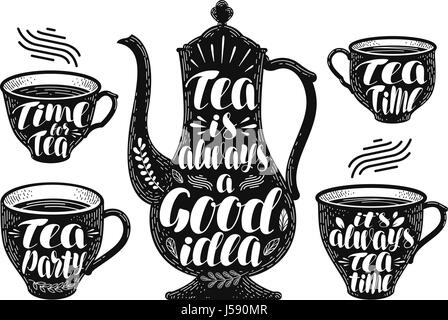 Tea label set. Brewing teapot, cup, hot drink icon or logo. Handwritten lettering vector illustration Stock Vector