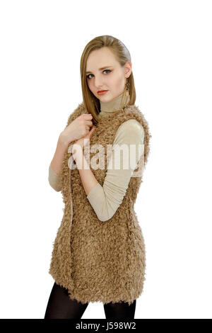 An image of a beautiful young girl in a vest an artificial fur Stock Photo