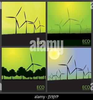 Eco Backgrounds with Wind Turbines - Windmills in the Sunset - Abstract Eco Background Set - Illustration in Editable Vector Format Stock Vector