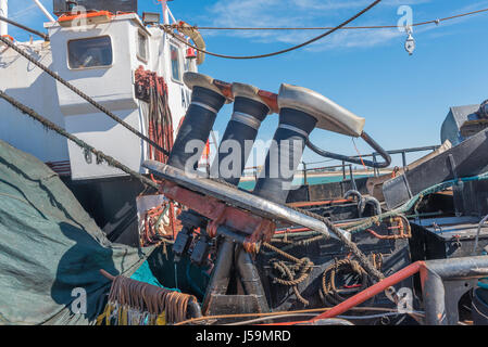 LAAIPLEK, SOUTH AFRICA - APRIL 1, 2017: Close-up of fishing equipment on a fishing trawler in the harbor in the mouth of the Berg River at Laaiplek on Stock Photo