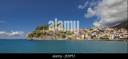 View of Parga resort, its port and castle, at the western coast Epirus, in the Ionian sea, Greece Stock Photo