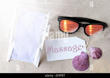 Sunny Summer Label With English Text Massage. Flat Lay View. Summer Decoration With Deck Chair, Seashells And Sunglasses. Greeting Crad With Sand Back Stock Photo