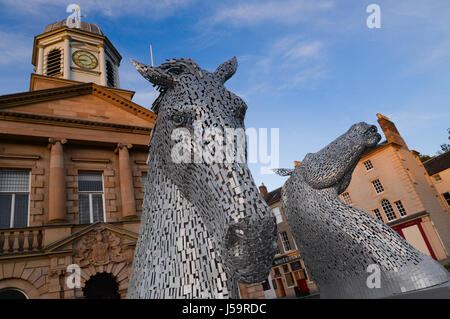 The one-tenth scale Kelpie Maquettes touring sculptures on display in Kelso Square in the Scottish Borders Stock Photo