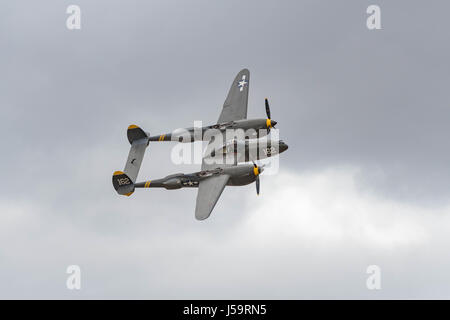 Chino, USA - May 7 2017: Lockheed P-38 Lightning on display during Planes of Fame Air Show in Chino Airport. Stock Photo