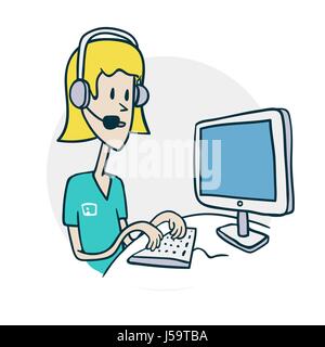 Woman with phone at computer Stock Vector