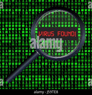 magnifying glass scanning and found virus on digital binary numeral background Stock Vector