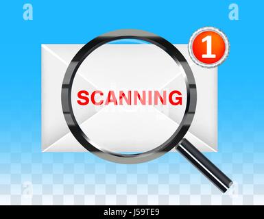 black magnifying glass scanning new e-mail envelope Stock Vector