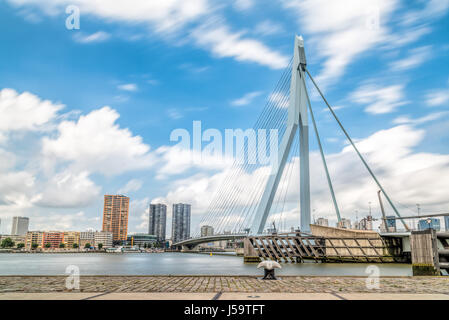 Rotterdam, Netherlands - August 6, 2016: The 800-metre long Erasmus Bridge spans the Maas River and links the northern and southern parts of Rotterdam Stock Photo