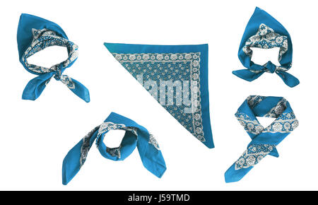 Blue, light blue kerchief-bandana with a pattern, isolated. Stock Photo