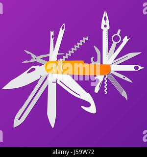 multifunction flat knife illustration,Swiss knife, multipurpose penknife, army knife vector. Stock Vector
