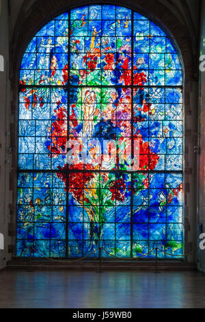 France, Lorraine, Moselle, Sarrebourg, chapel of Cordeliers, stained glass la Paix (Peace) by Marc Chagall Stock Photo