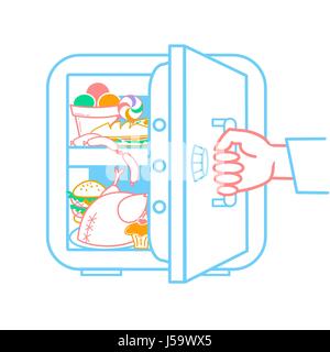 The concept of a diet, in the form of a hand tearing away the safe refrigerator with products, in the form of a symbol of the not to eat harmful produ Stock Vector