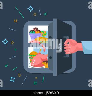 The concept of a diet, in the form of a hand tearing away the safe refrigerator with products, in the form of a symbol of the not to eat harmful produ Stock Vector