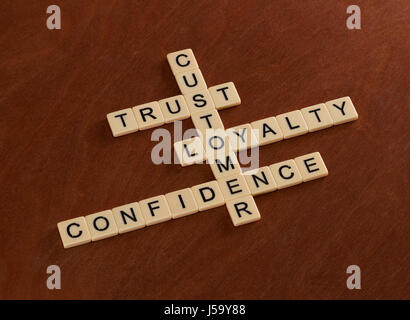 Crossword puzzle with words Trust, Loyalty, Confidence. Customer loyalty concept. Ivory tiles with capital letters on mahogany board. Stock Photo